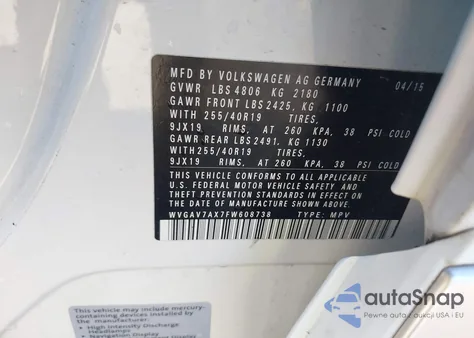 2015 Volkswagen Tiguan R-Line z USA, uszkodzony, nr VIN WVGAV7AX7FW608738